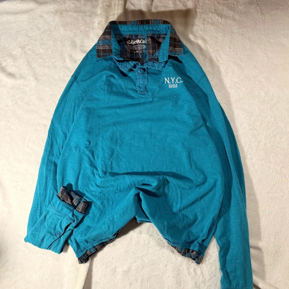 CARBON Mens Long Sleeve Rugby Polo Shirt Blue NYC 1983 Patch Plaid Collar Size L